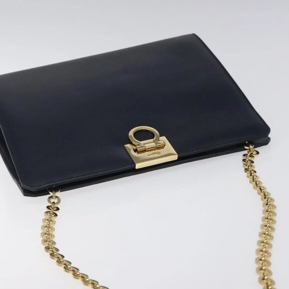 Salvatore Ferragamo Gancini Chain Shoulder Bag Leather Navy Gold Auth BD1060 - Picture 7 of 16
